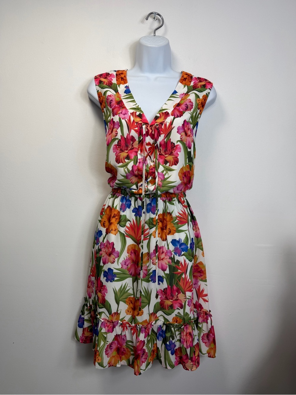 White Floral V-Neck Drawstring Sundress